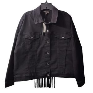 DG2 by Diane Gilman Denim Star Black Fringed Jacket Size L NWT